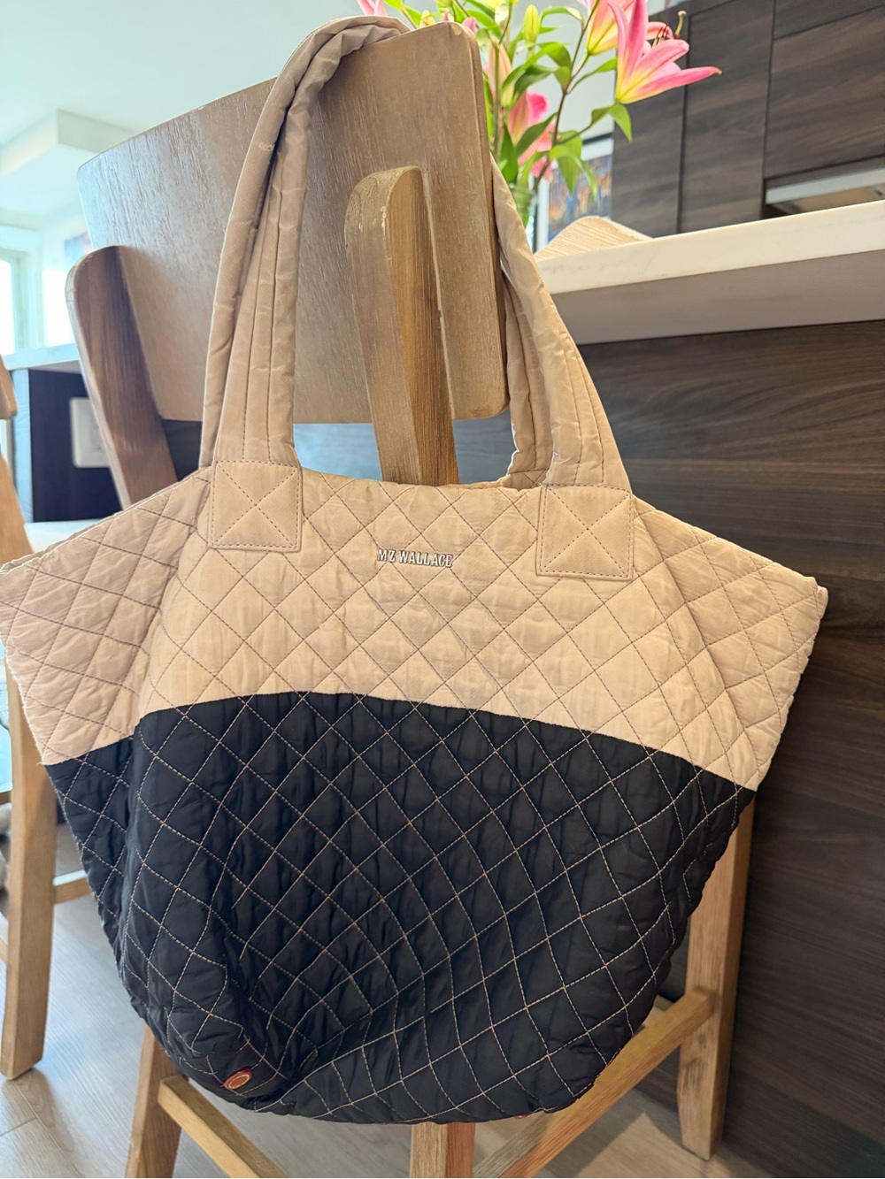 MZ Wallace Black & Beige Quilted Nylon Tote Bag + Pouches